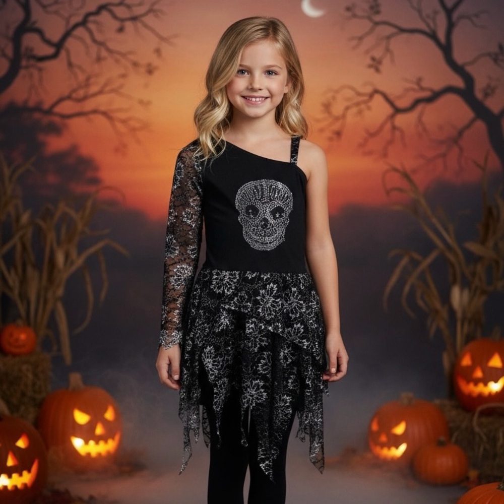 Girls Gothic‎ Embroidered Black Skull Costume Dress Halloween Size 7-8